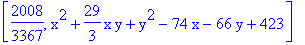 [2008/3367, x^2+29/3*x*y+y^2-74*x-66*y+423]